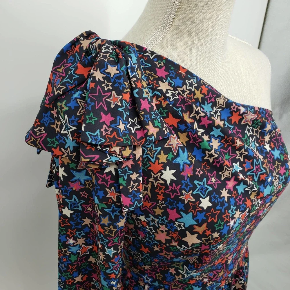 J Crew One Shoulder Dress 0 Kaleidoscope Star A Line Ruffle Hem Navy‎ Blue H2660